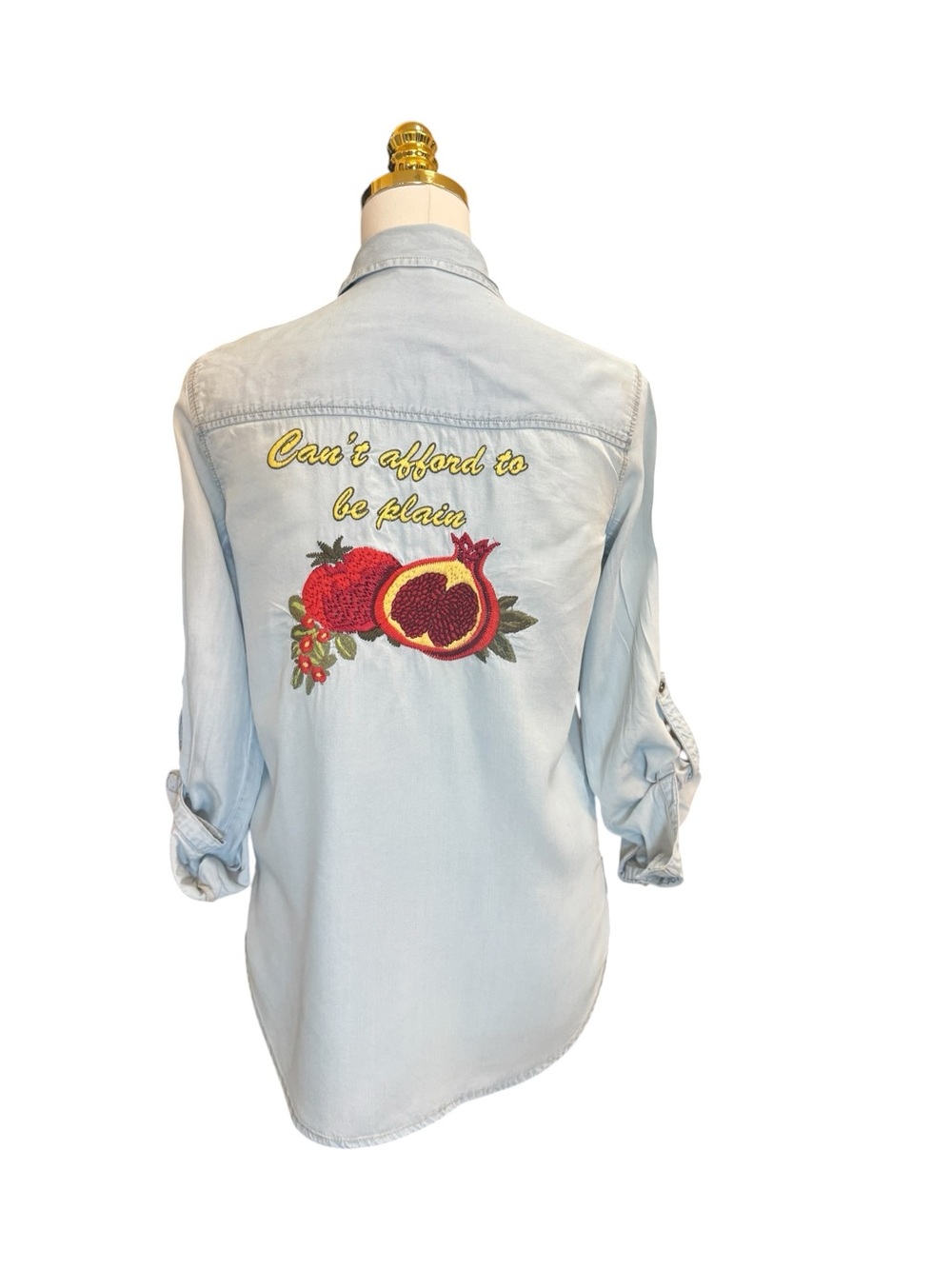 Zara Basic Embroidered Chambray Button Down Shirt XS Pomegranate Boho - Picture 7 of 11
